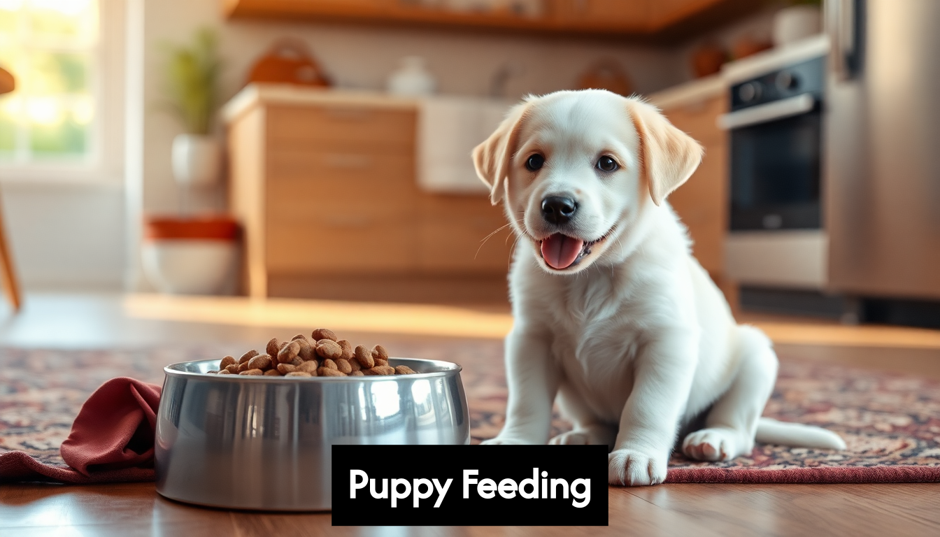 Puppy with food bowl in kitchen setting