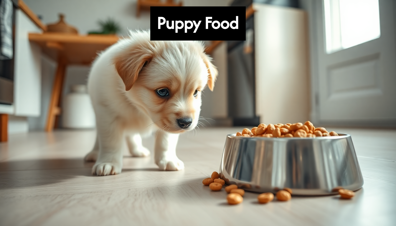 Cute puppy looking at a food bowl