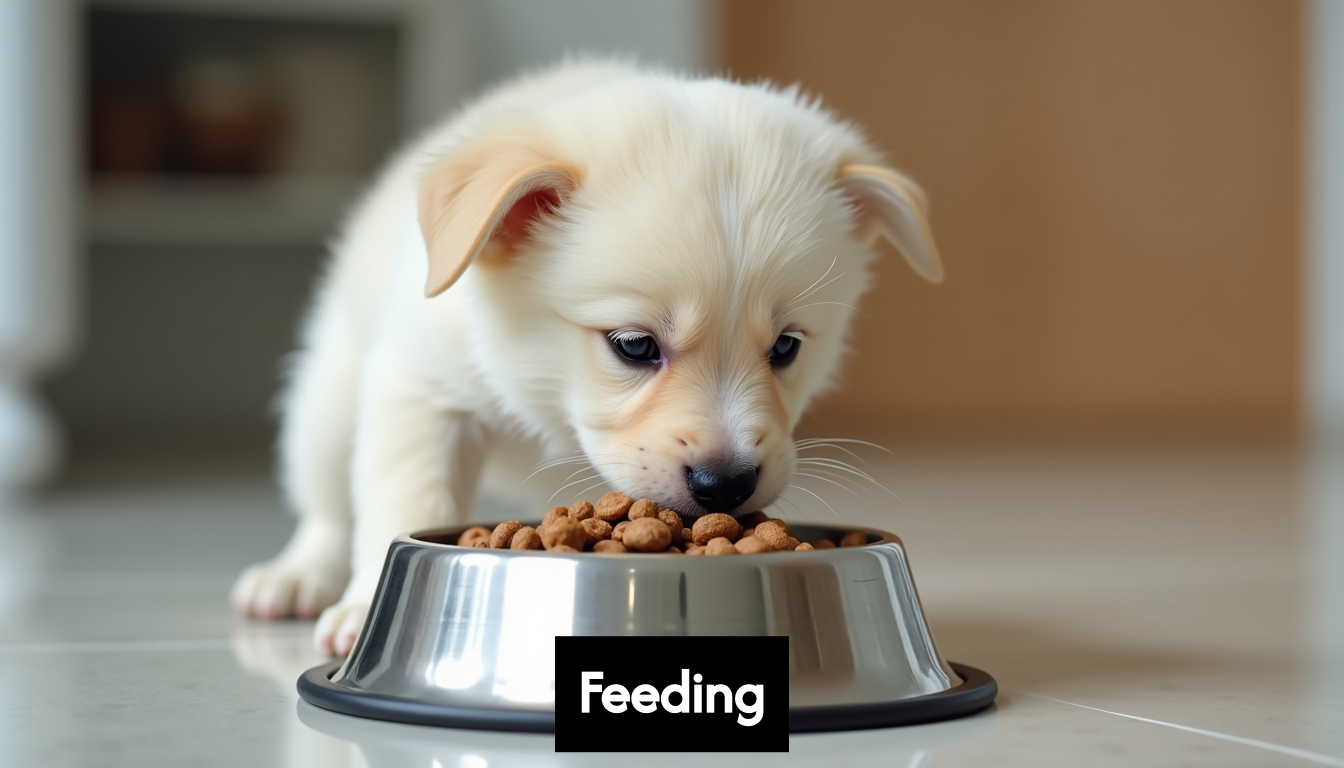 A cute puppy eats kibble from a bowl.