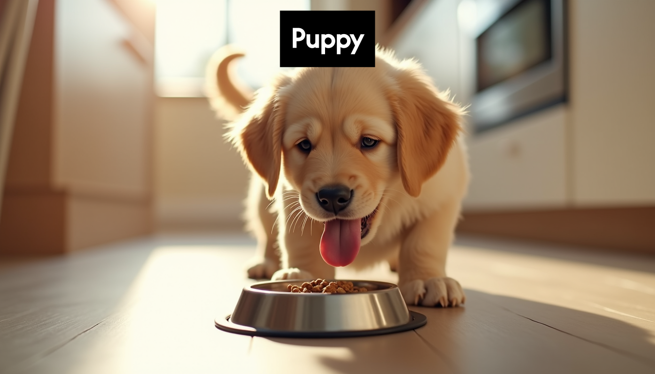 A puppy happily eating food from a bowl.