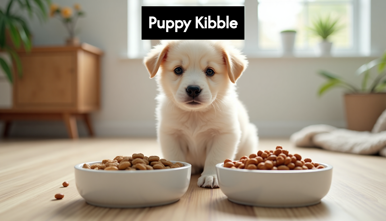 Cute puppy looking at a bowl of kibble and wet food.